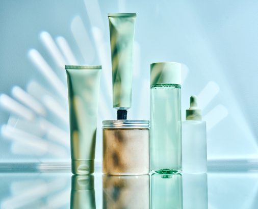 Skincare and beauty care products in various containers, emphasizing cosmetic innovation